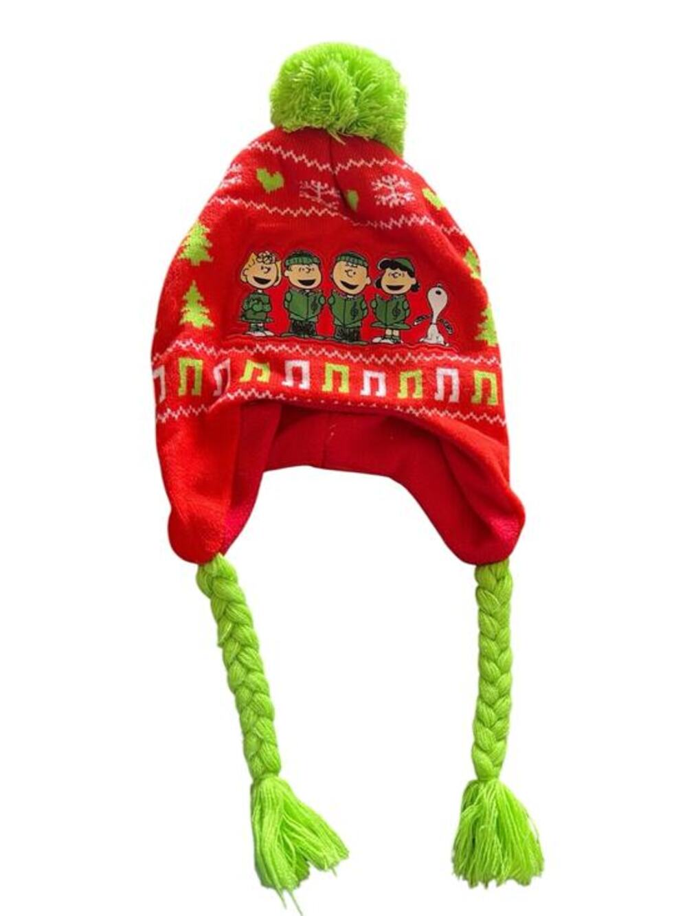 Peanuts caroling laplander hat green pom pom braided tassels NWOT
